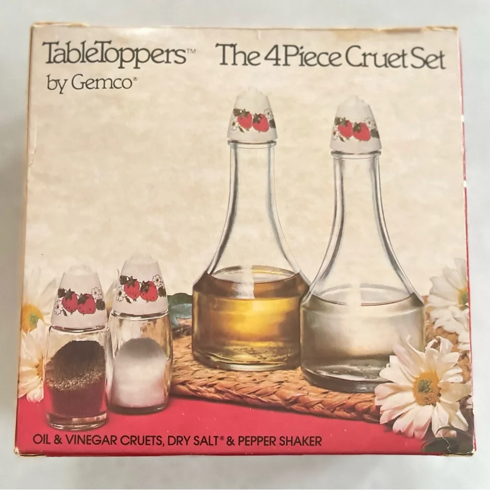 Vintage Gemco Oil & Vinegar Cruet Set Table Toppers Strawberry Dressing Salt 3pc